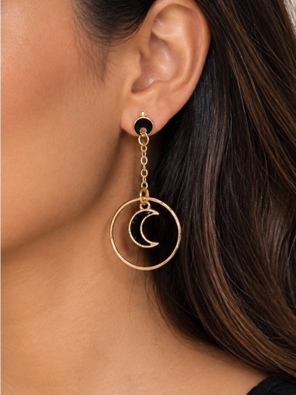Gold and Black Crescent Moon Chain Drop Earrings - Women Jewelry